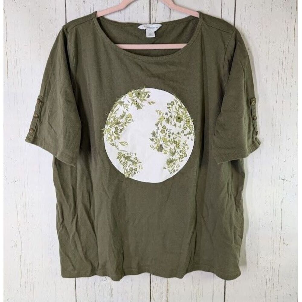 Liz Claiborne Size XXL‎ Womens Boat Neck Short Sleeve Green Screen Print Shirt